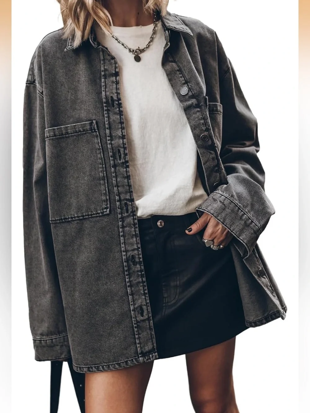 Washed Charcoal Gray Oversized Denim Shacket - Picture 1 of 7